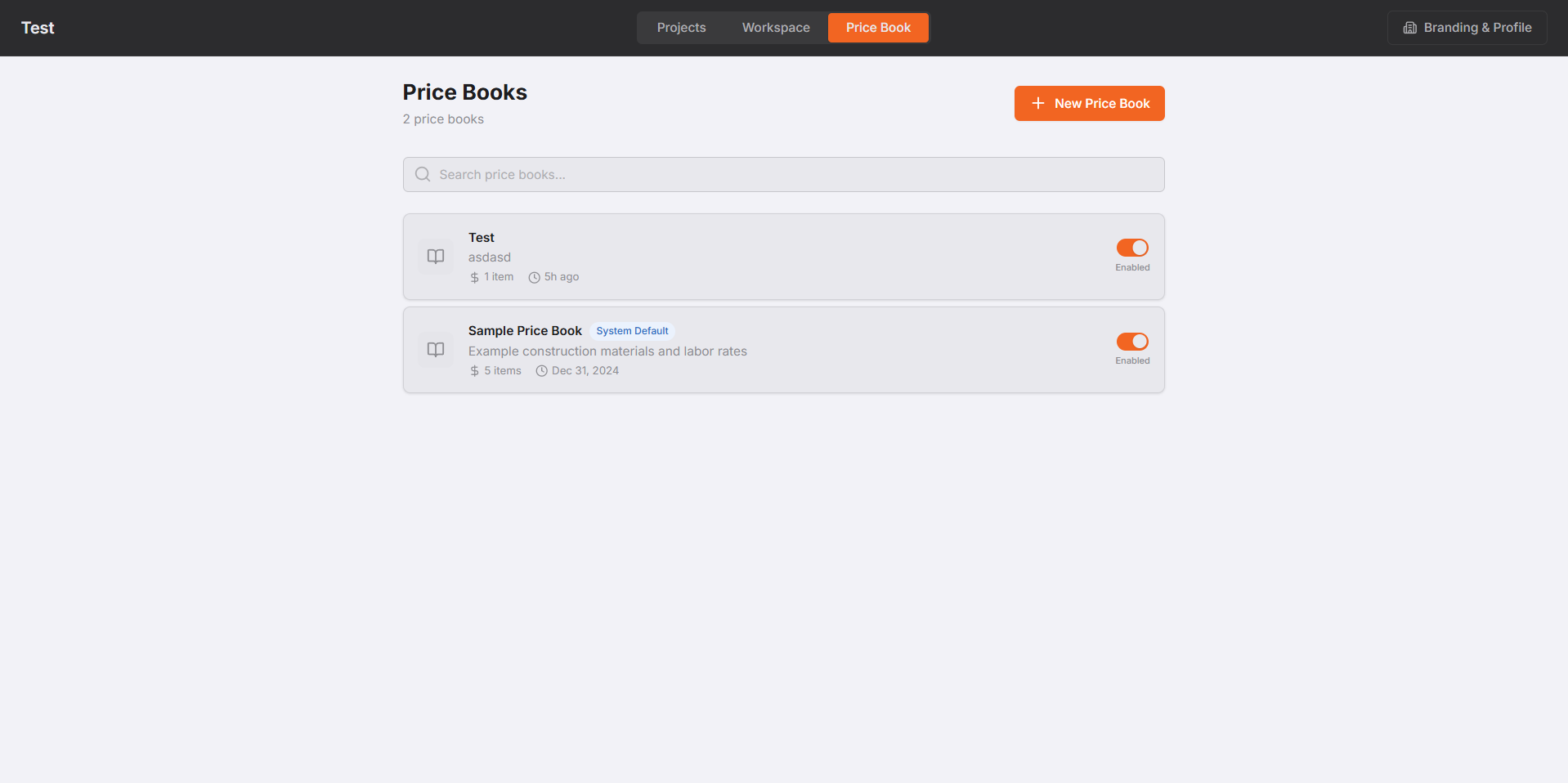 Price Book — manage materials and labor rates