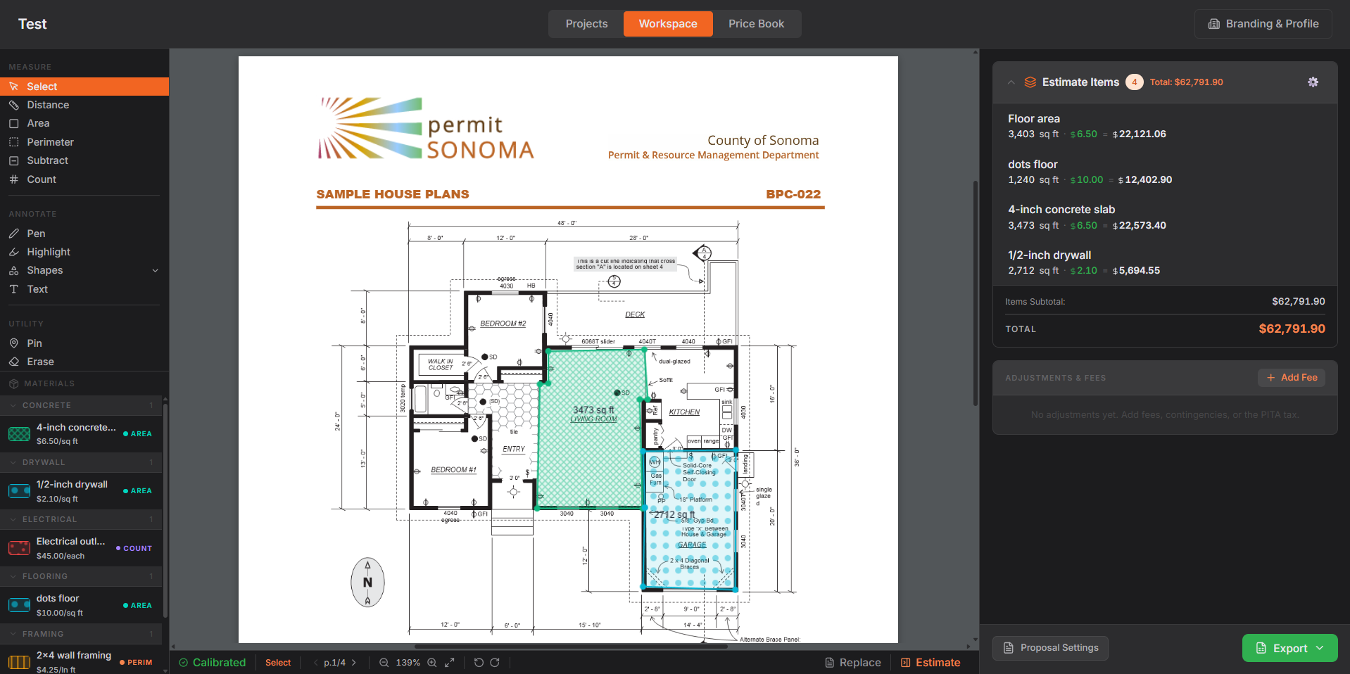 Datum Plan workspace — PDF floor plan with area measurements, price book items, and live estimate totals